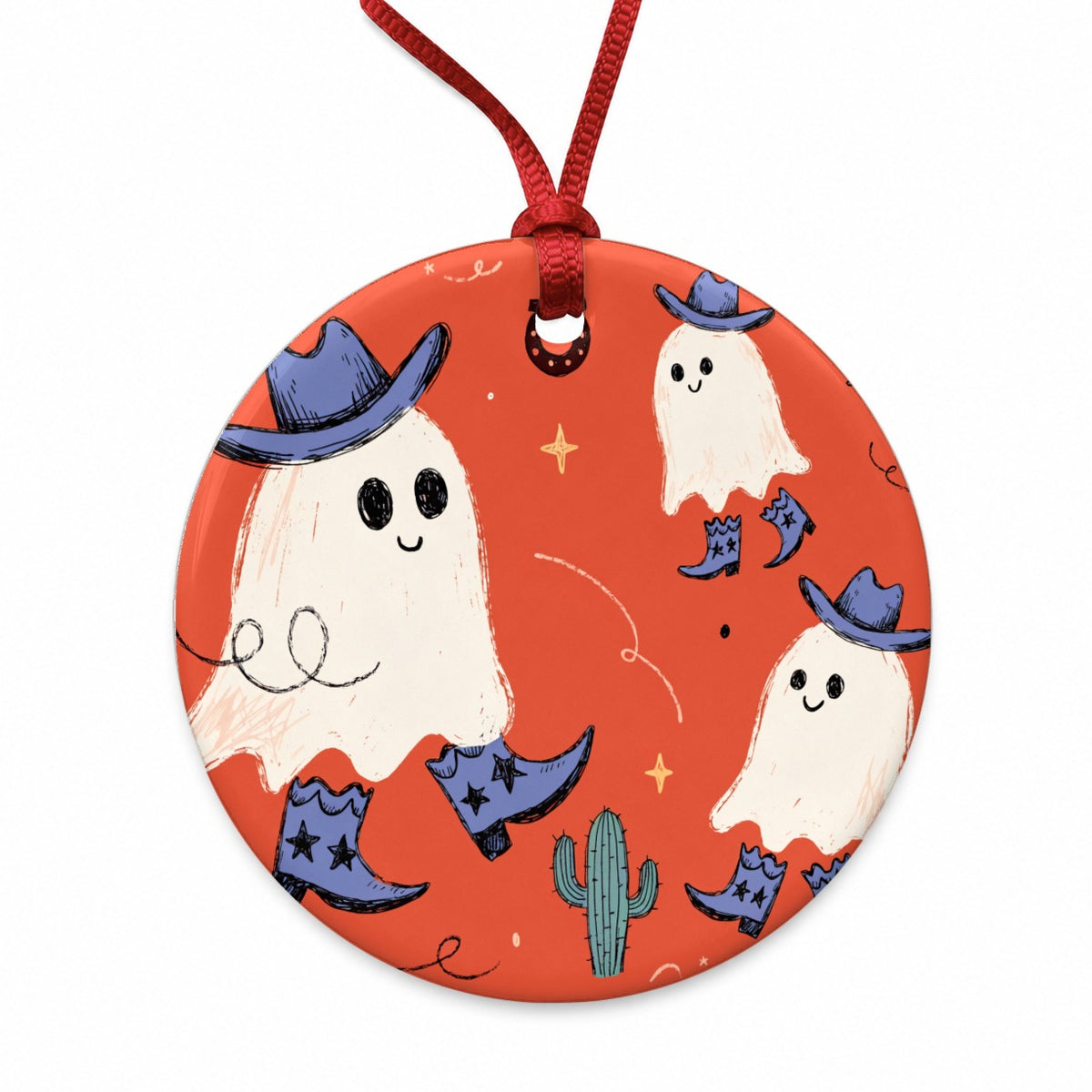 Friendly Ghosts Cowboys Halloween Round Ceramic Holiday Christmas Tree Ornament