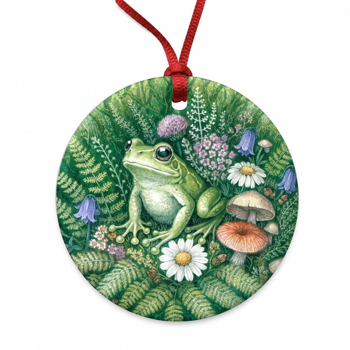 Frog Wildflower Garden Round Ceramic Holiday Christmas Tree Ornament