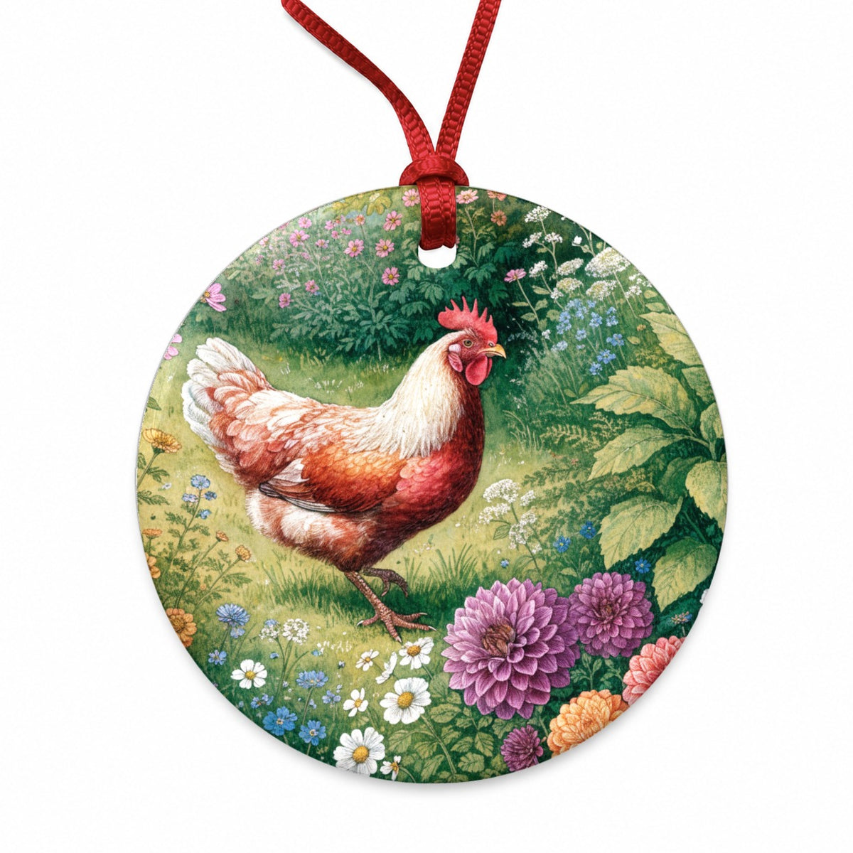 Garden Chicken Wildflowers Round Ceramic Holiday Christmas Tree Ornament