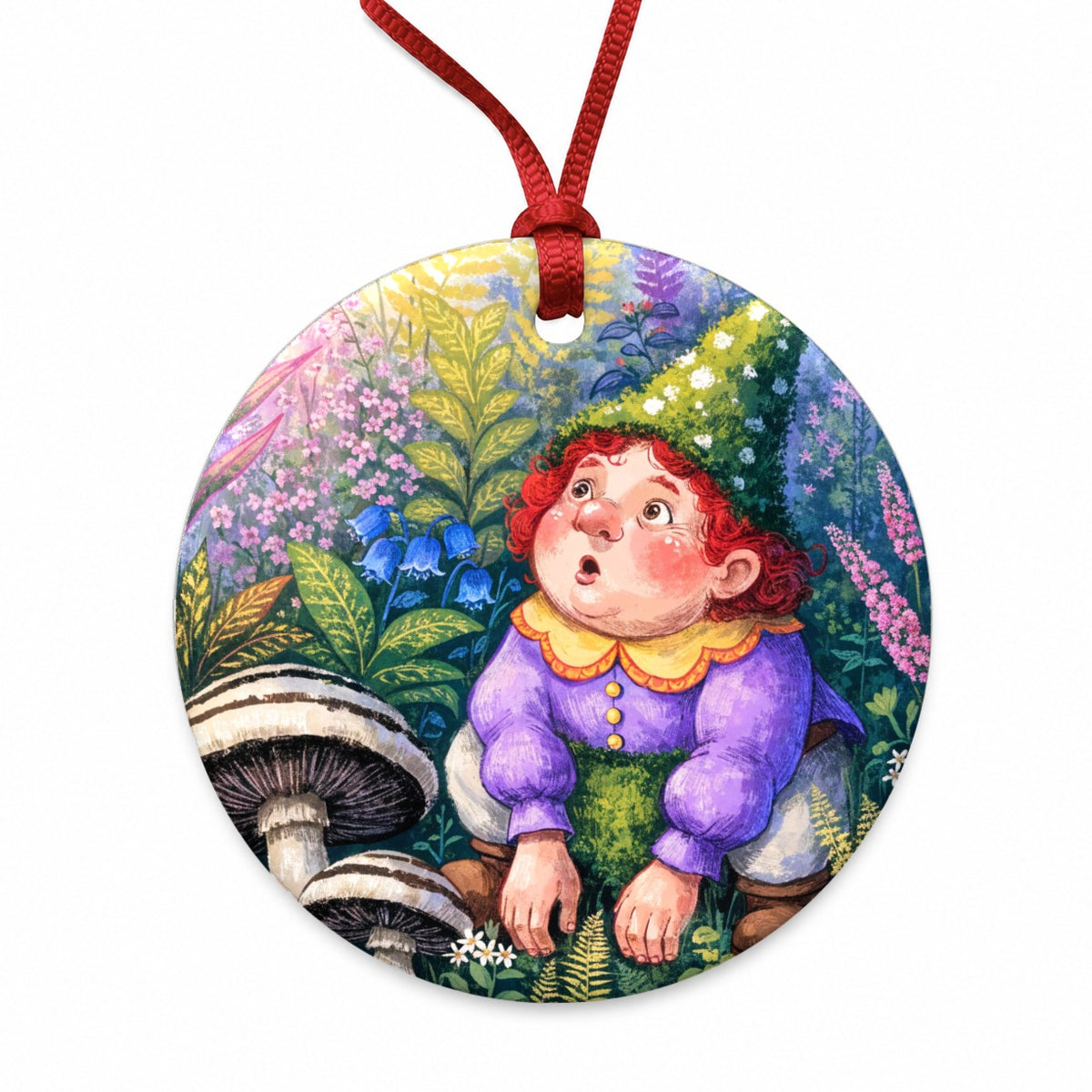 Garden Gnome Flowers Round Ceramic Holiday Christmas Tree Ornament