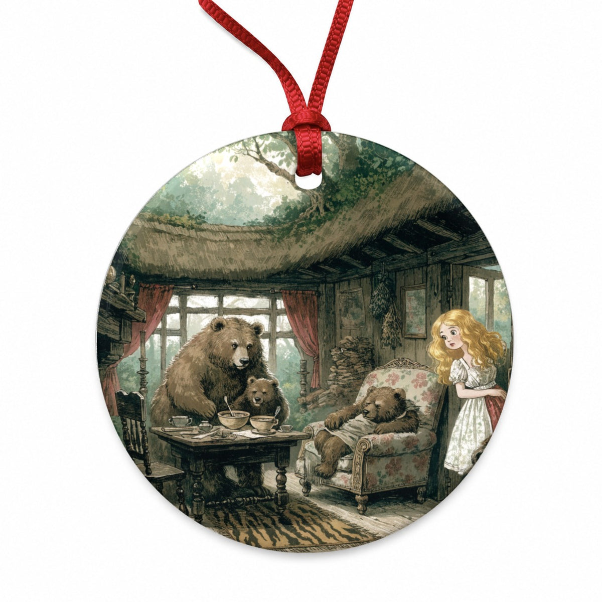 Goldilocks Three Bears Round Ceramic Holiday Christmas Tree Ornament