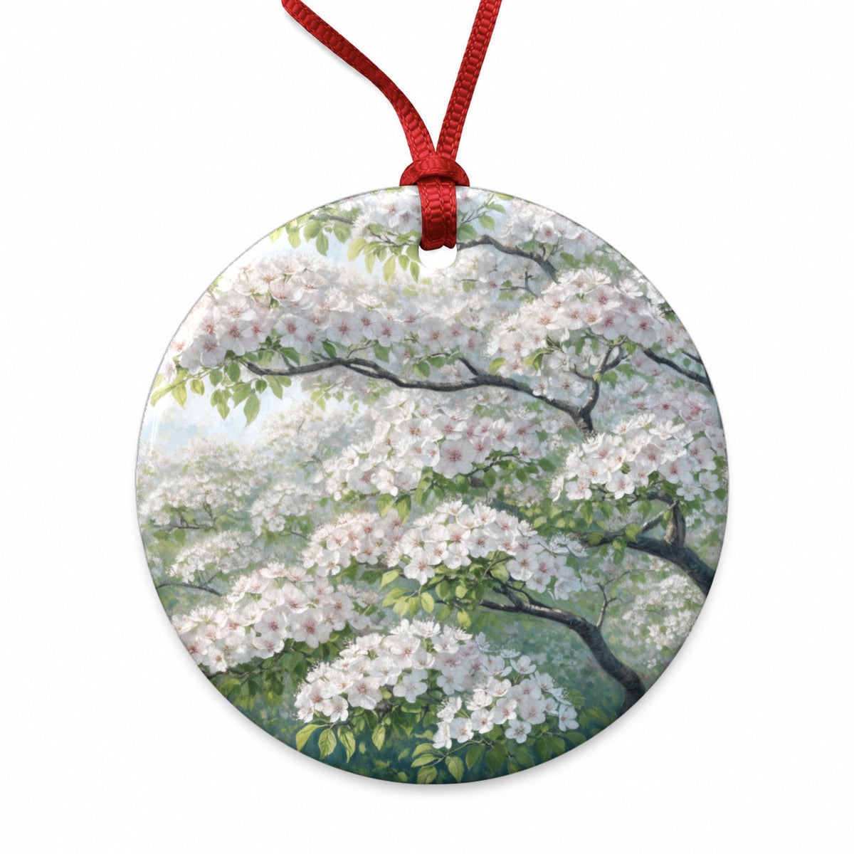 Graceful Flowering Dogwood Tree Round Ceramic Holiday Christmas Tree Ornament
