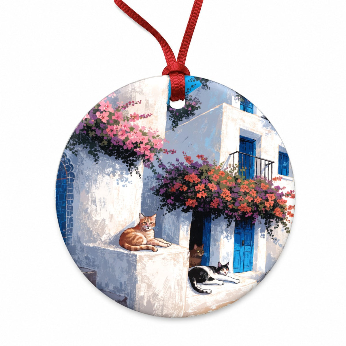 Greek Island Cats Round Ceramic Holiday Christmas Tree Ornament