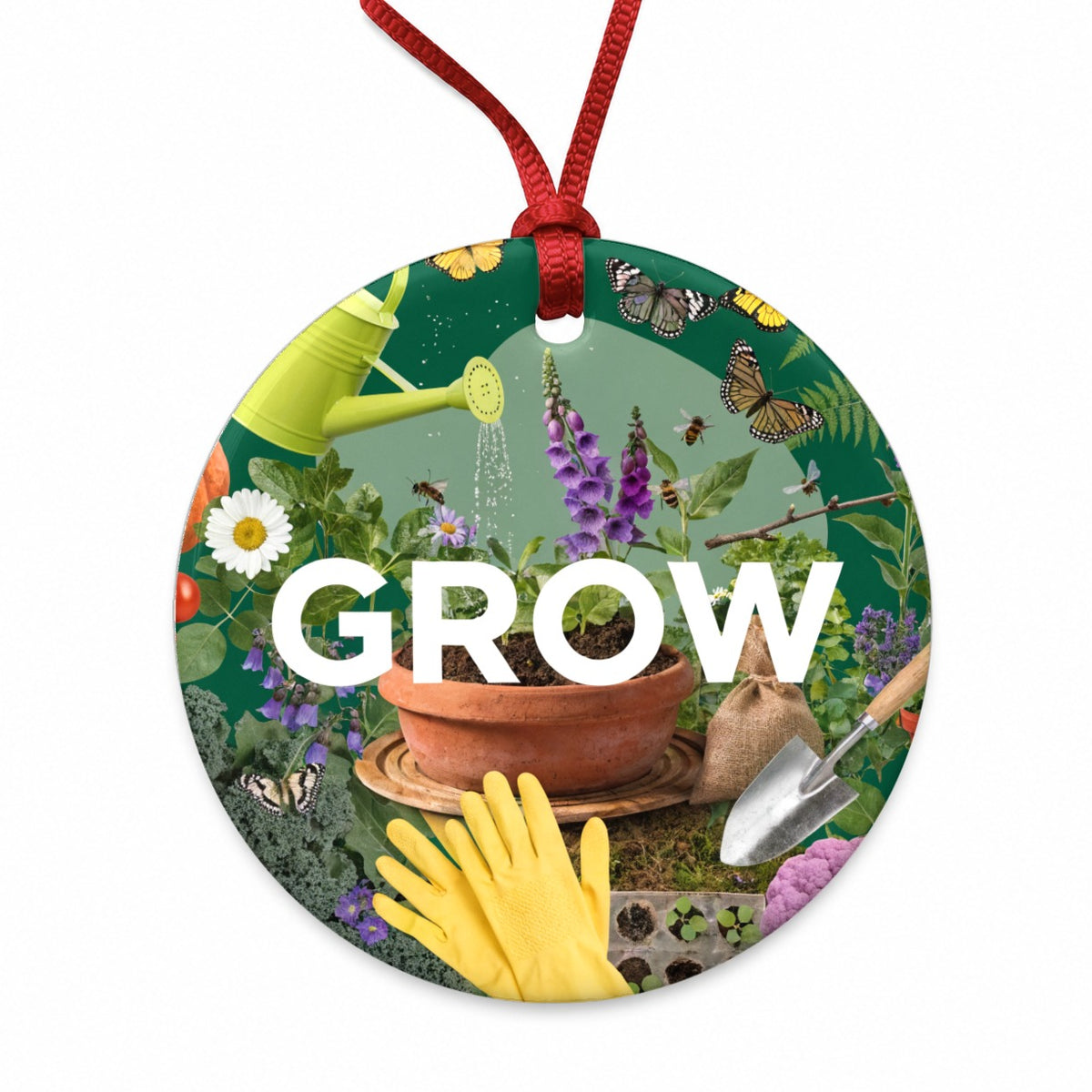 Grow Gardening Gardener Tools Round Ceramic Holiday Christmas Tree Ornament