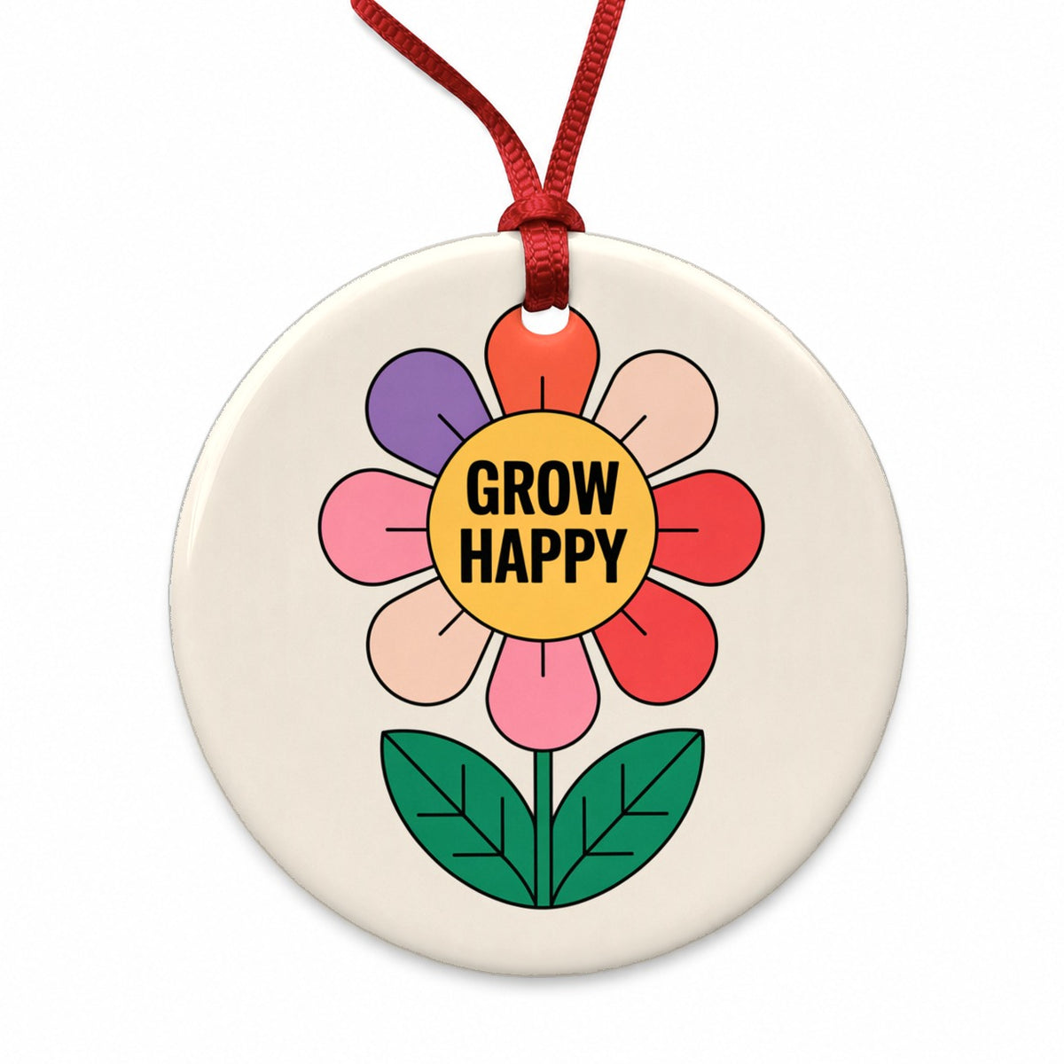 Grow Happy Cheerful Flower Gardener Round Ceramic Holiday Christmas Tree Ornament