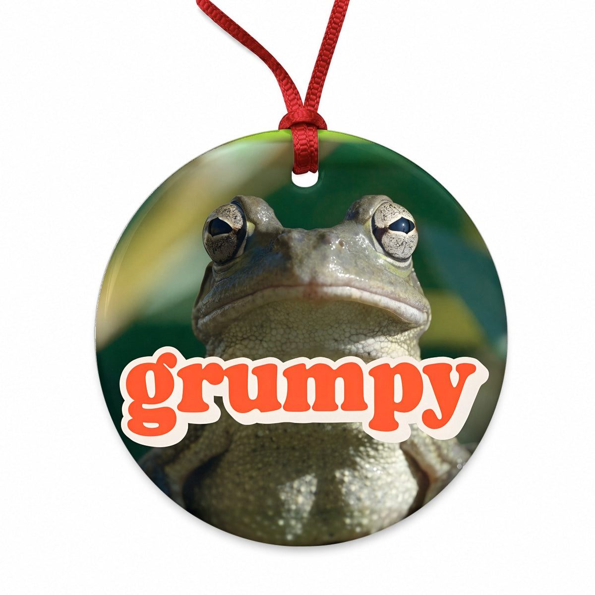 Grumpy Frog Funny Round Ceramic Holiday Christmas Tree Ornament