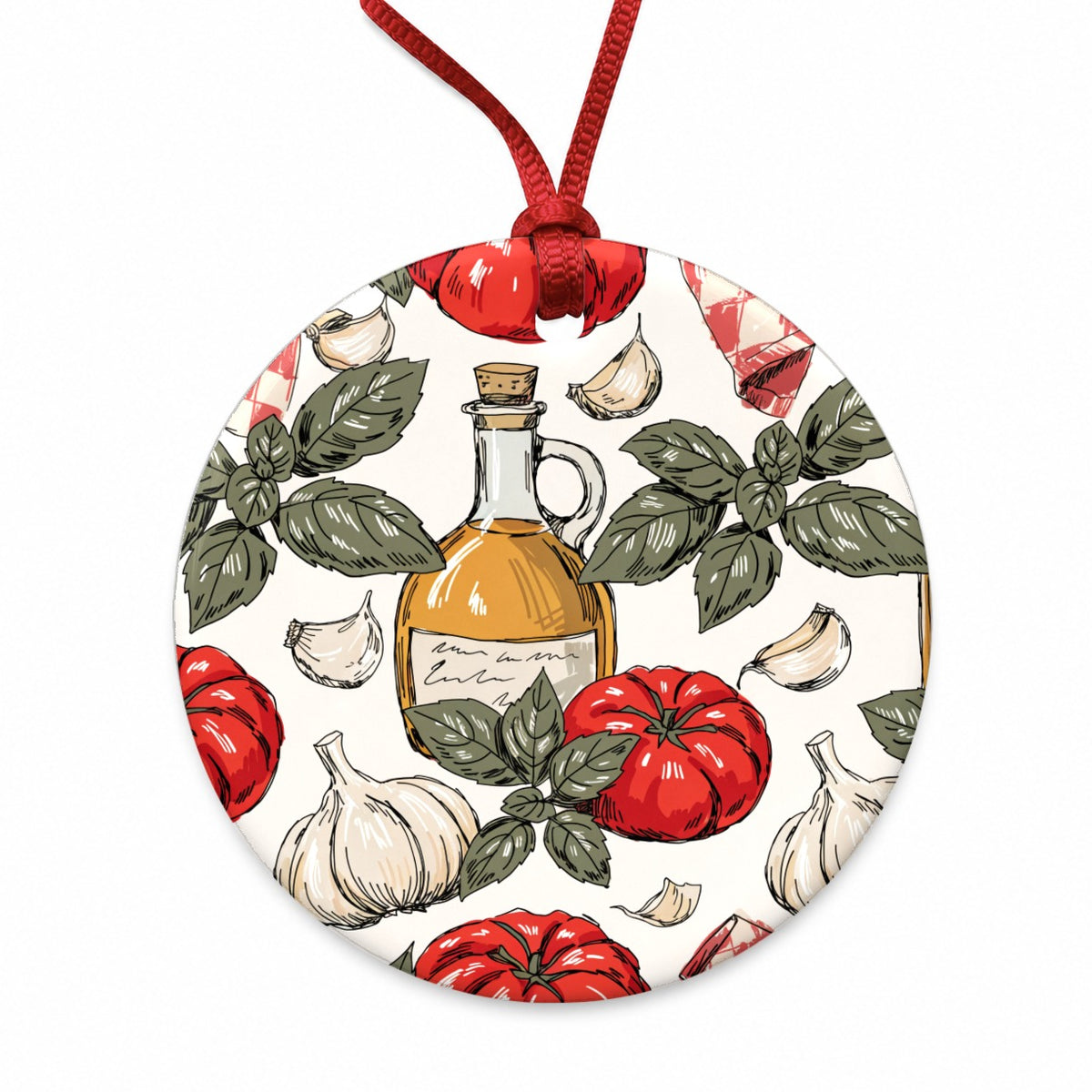 Heirloom Tomatoes Basil Garlic Round Ceramic Holiday Christmas Tree Ornament