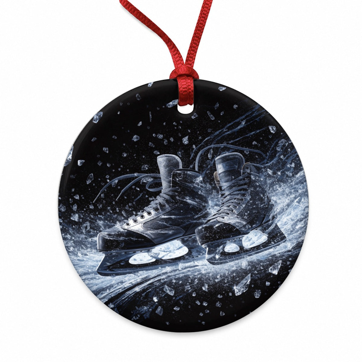 Hockey Skates On Ice Round Ceramic Holiday Christmas Tree Ornament