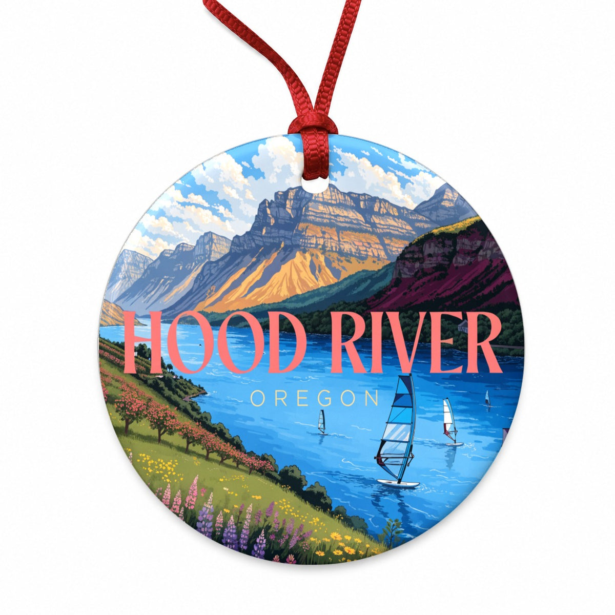 Hood River Oregon Travel Round Ceramic Holiday Christmas Tree Ornament