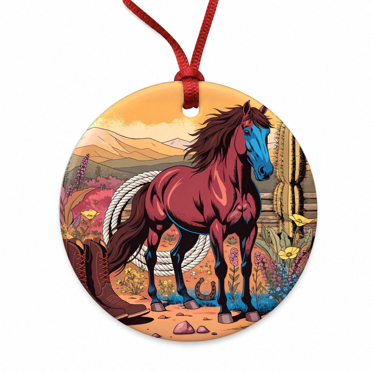 Horse Rancher Western Cowboy Round Ceramic Holiday Christmas Tree Ornament