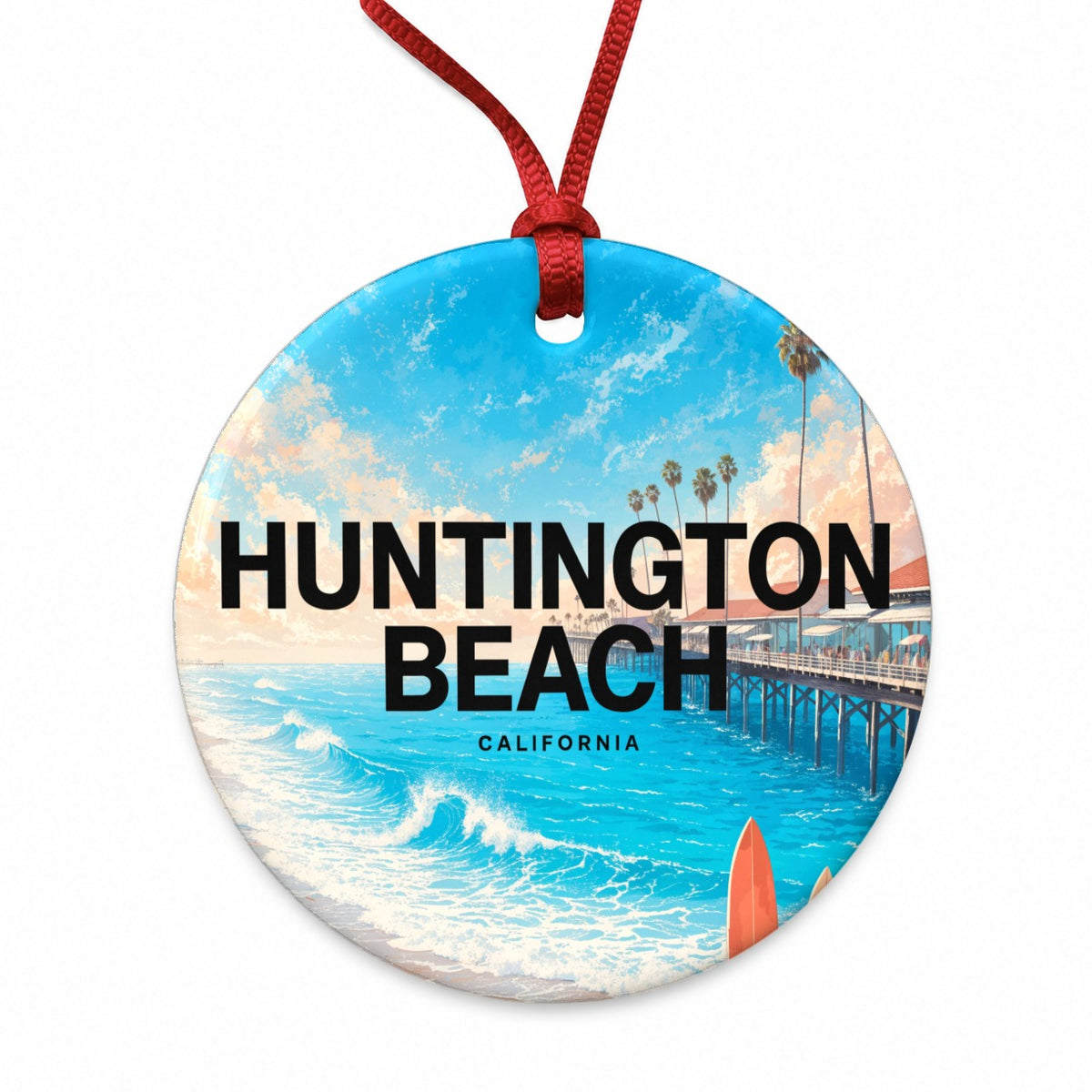 Huntington Beach California Travel Round Ceramic Holiday Christmas Tree Ornament