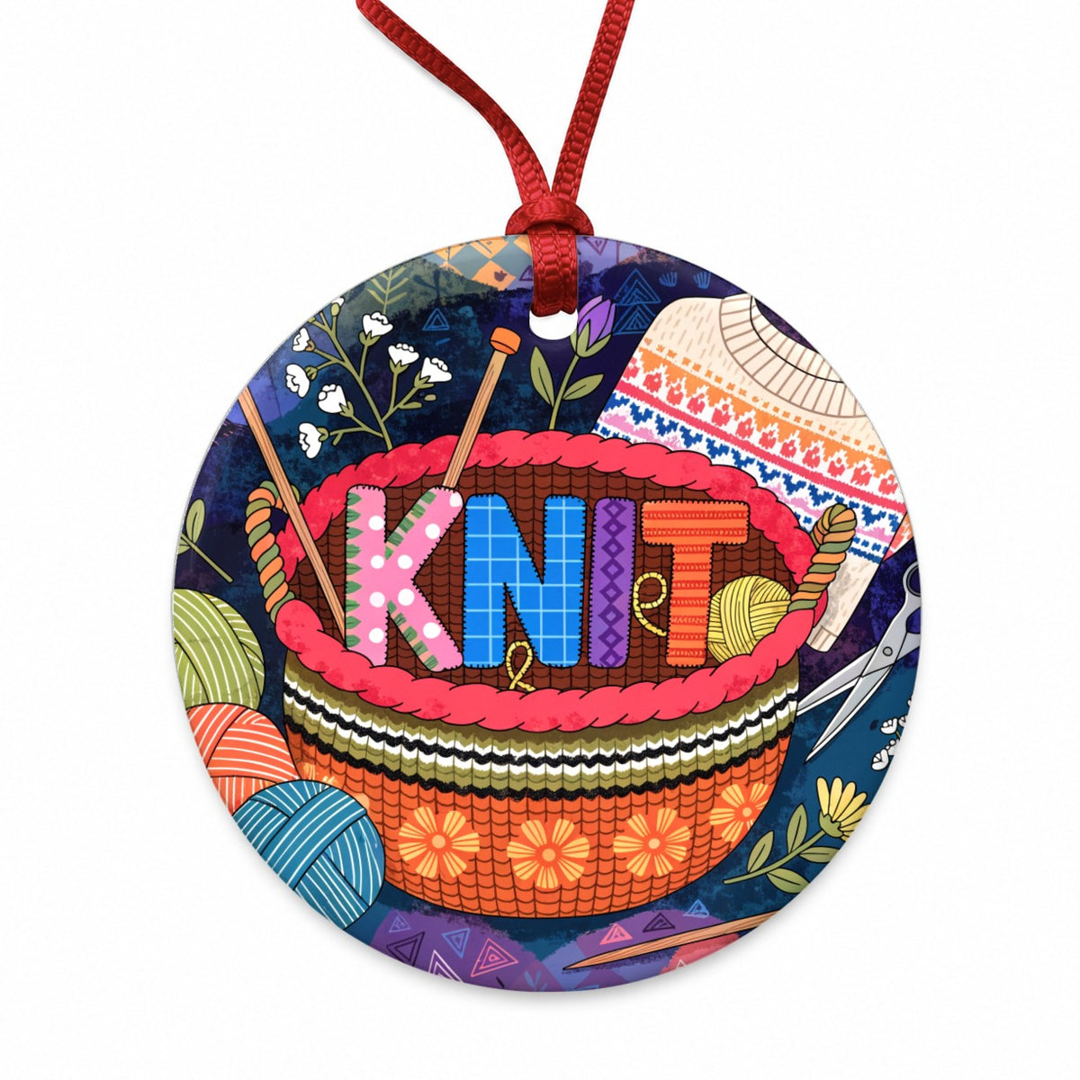Knit Knitting Colorful Yarn Basket Round Ceramic Holiday Christmas Tree Ornament
