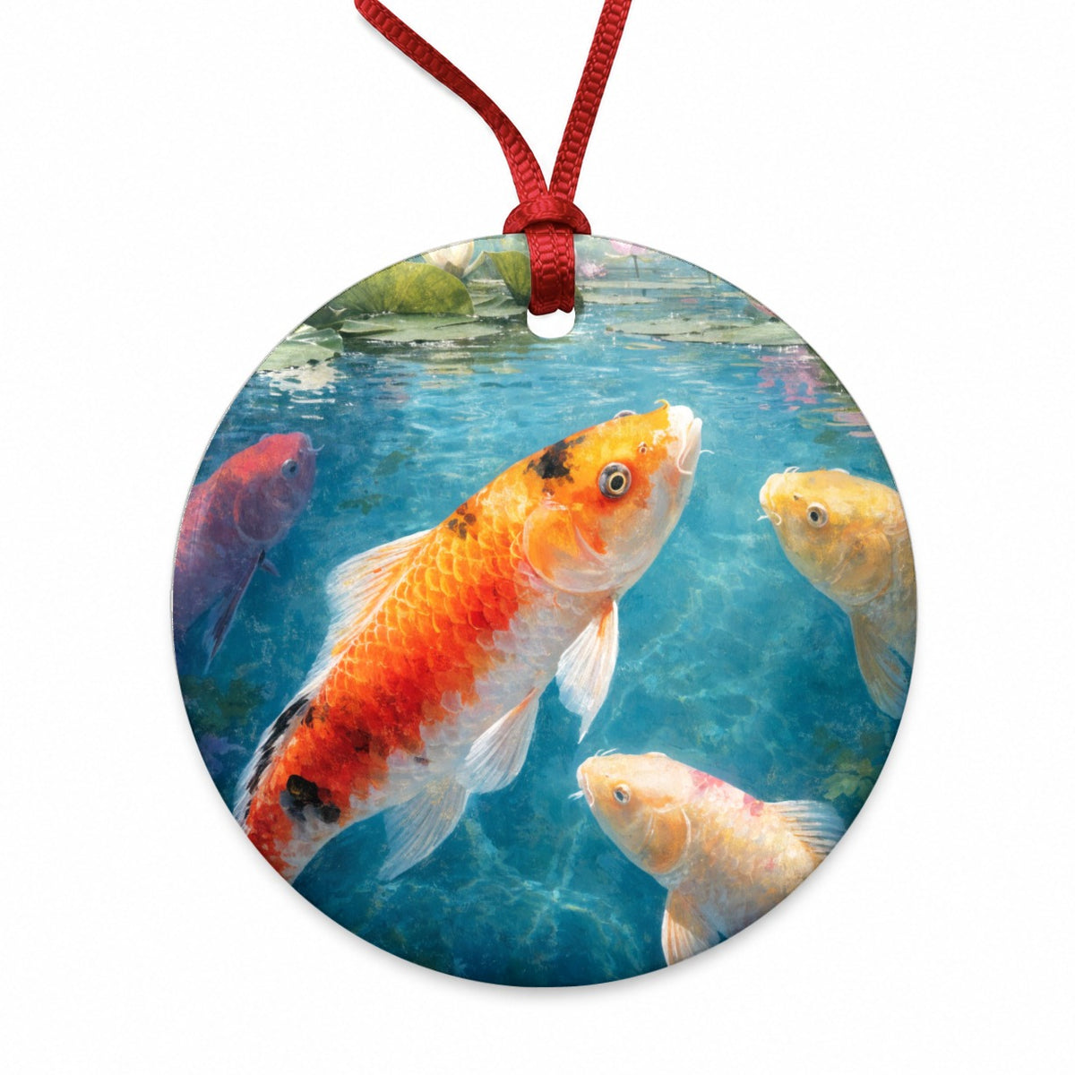 Koi Water Lily Pond Round Ceramic Holiday Christmas Tree Ornament