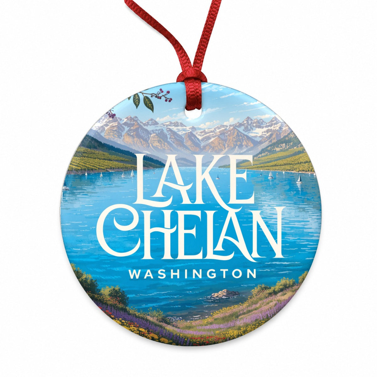 Lake Chelan Washington Travel Round Ceramic Holiday Christmas Tree Ornament