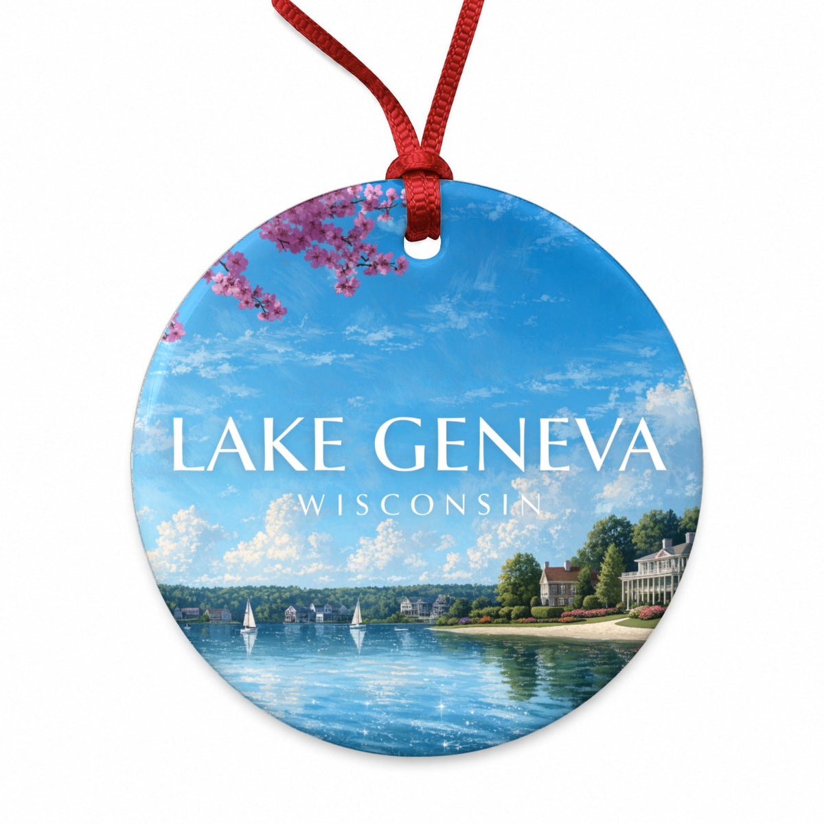 Lake Geneva Wisconsin Travel Round Ceramic Holiday Christmas Tree Ornament