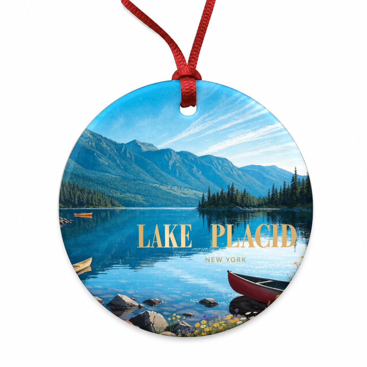 Lake Placid New York Travel Round Ceramic Holiday Christmas Tree Ornament