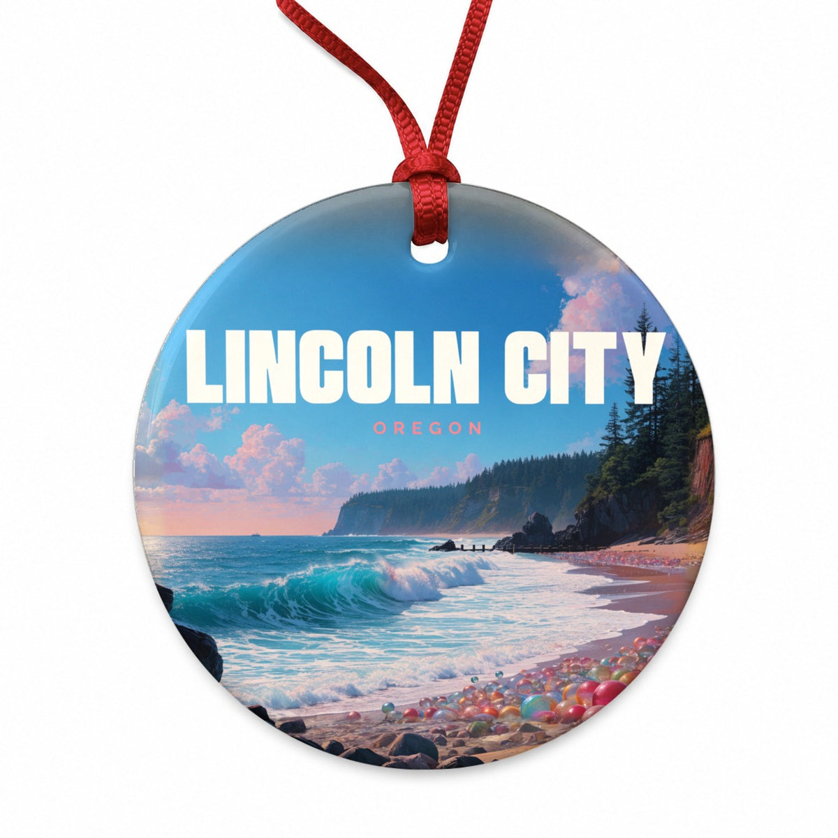 Lincoln City Oregon Travel Round Ceramic Holiday Christmas Tree Ornament