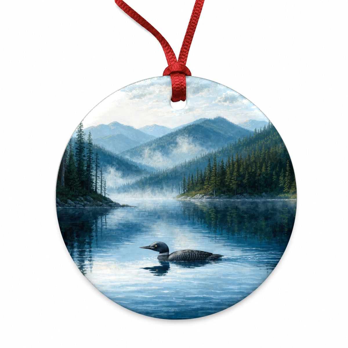 Loon Mountain Lake Round Ceramic Holiday Christmas Tree Ornament