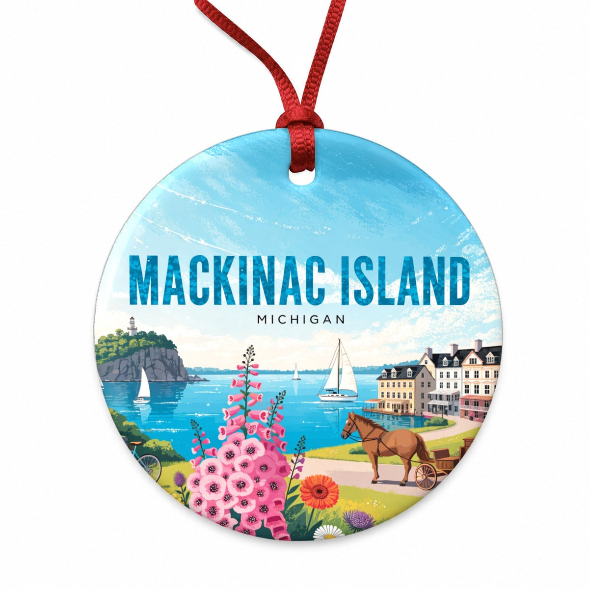 Mackinac Island Michigan Travel Round Ceramic Holiday Christmas Tree Ornament