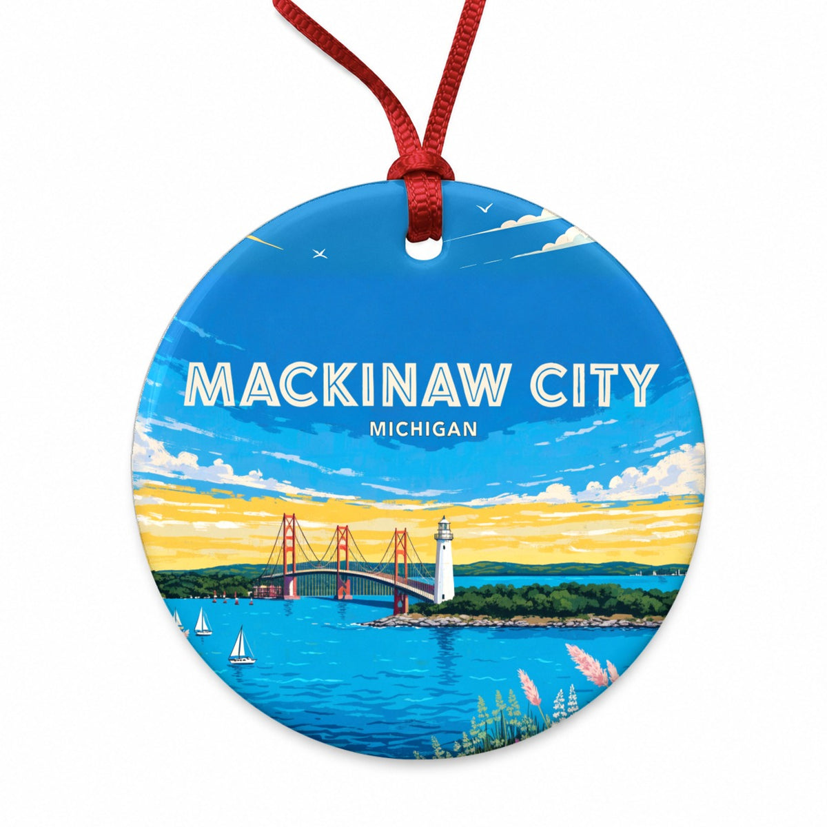 Mackinaw City Michigan Travel Round Ceramic Holiday Christmas Tree Ornament