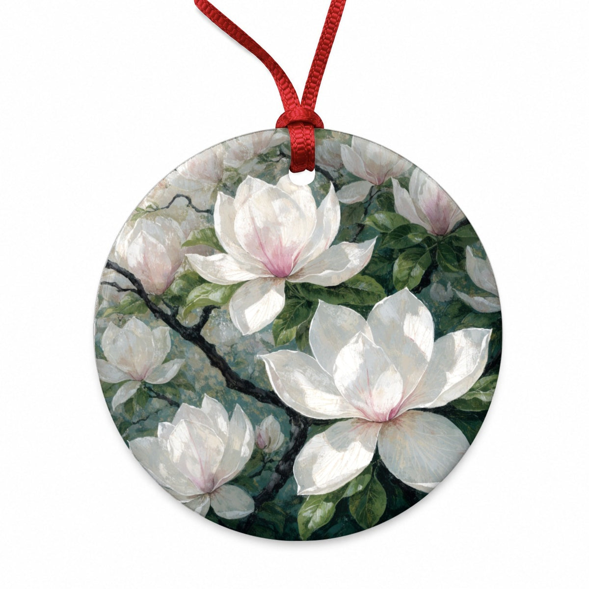 Magnolia Blossom Flowers Round Ceramic Holiday Christmas Tree Ornament