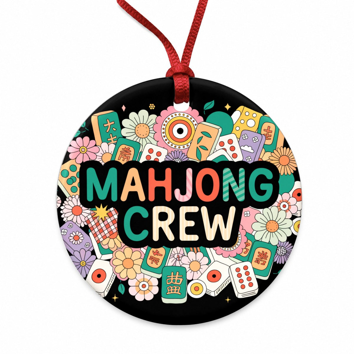 Mahjong Crew Game Colorful Round Ceramic Holiday Christmas Tree Ornament