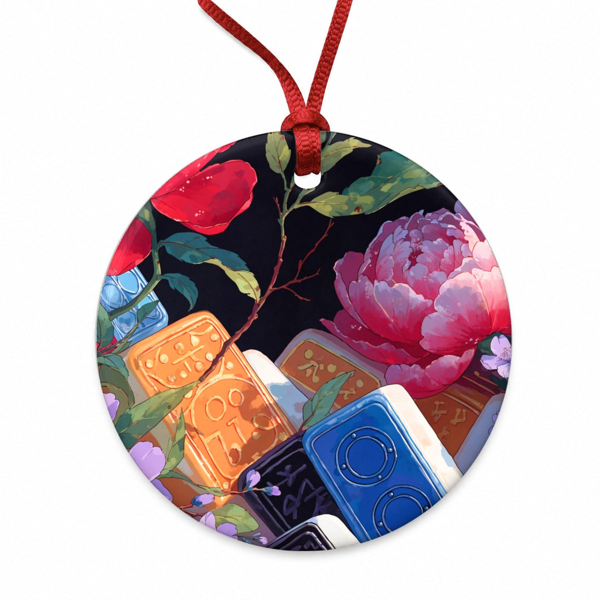 Mahjong Tiles Flowers Round Ceramic Holiday Christmas Tree Ornament
