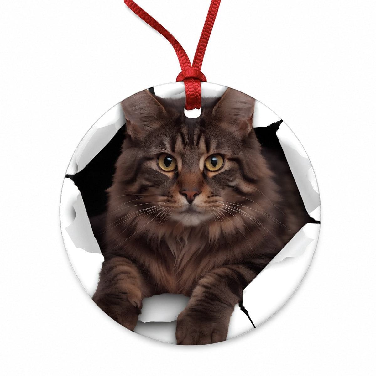Main Coon Cat Breakout Round Ceramic Holiday Christmas Tree Ornament