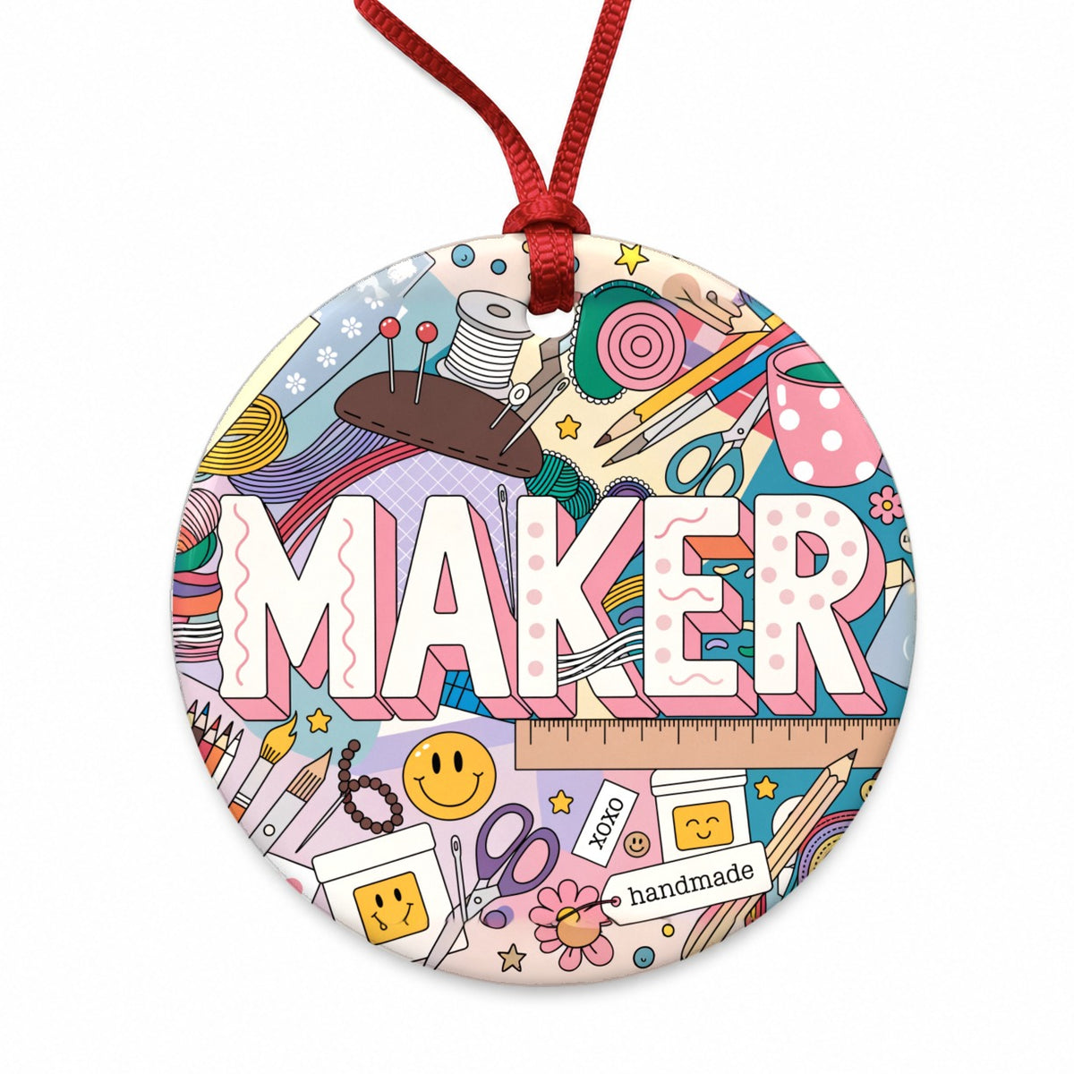 Maker Crafting Handmade Sewing Cute Round Ceramic Holiday Christmas Tree Ornament