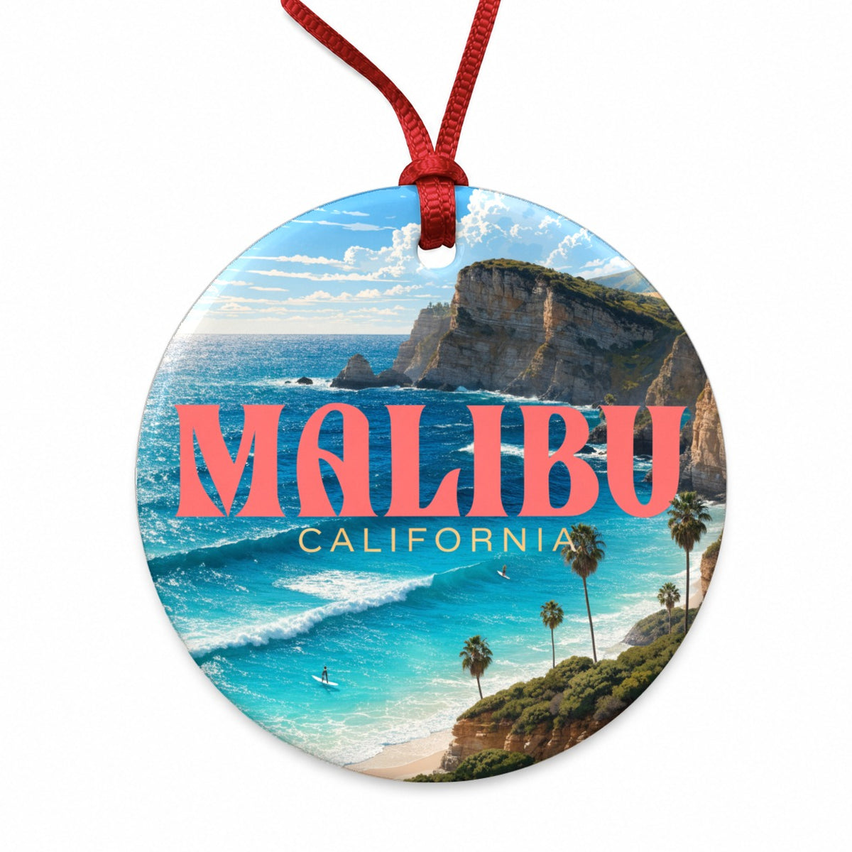 Malibu California Travel Round Ceramic Holiday Christmas Tree Ornament