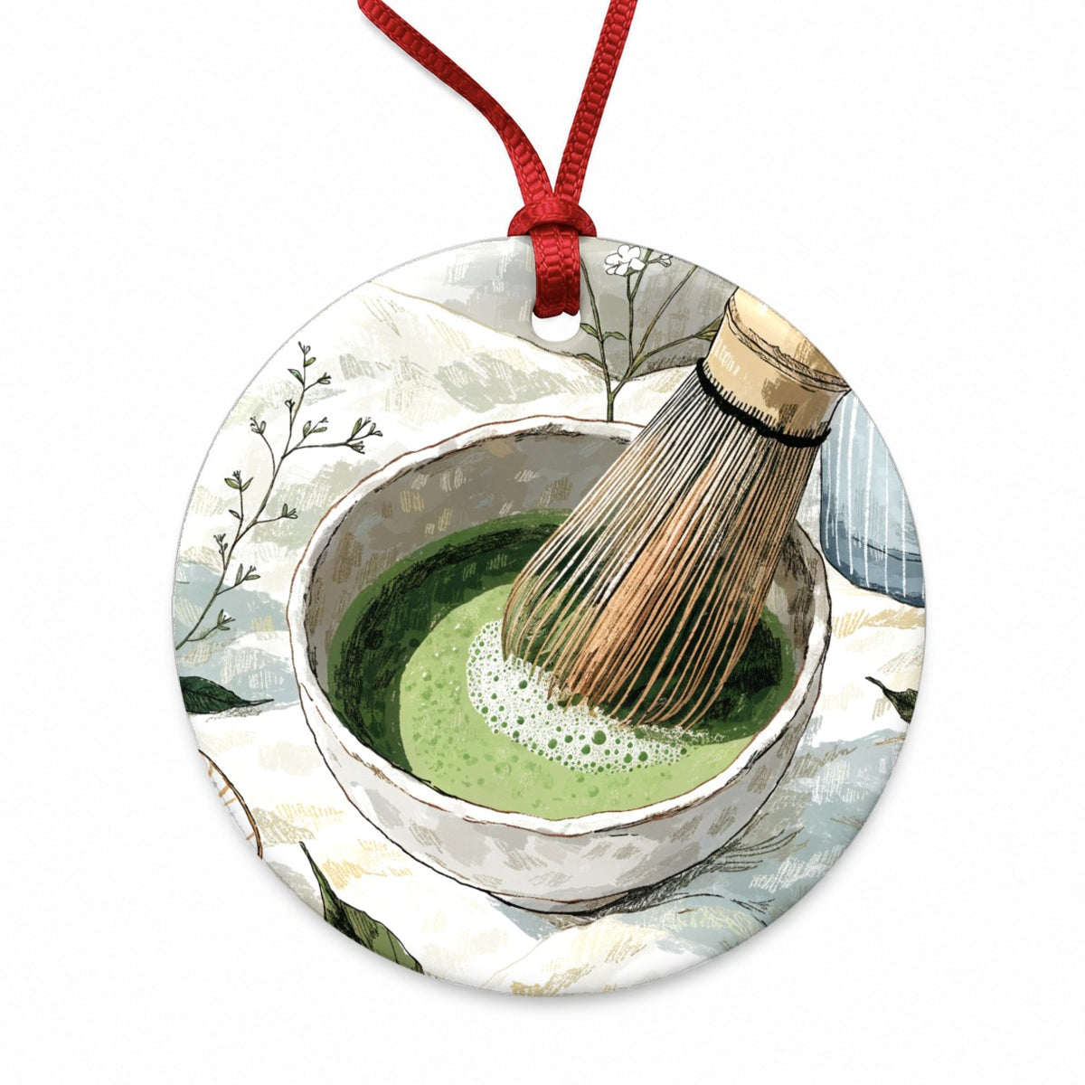 Matcha Tea Quaint Round Ceramic Holiday Christmas Tree Ornament