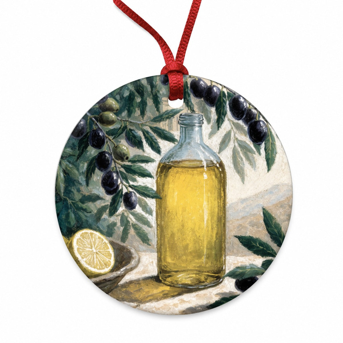 Mediterranean Olive Oil Round Ceramic Holiday Christmas Tree Ornament