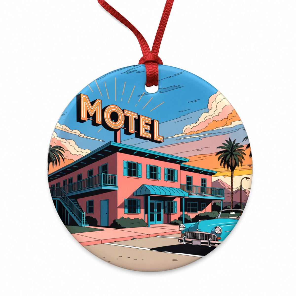 Mid Century Roadside Motel Round Ceramic Holiday Christmas Tree Ornament