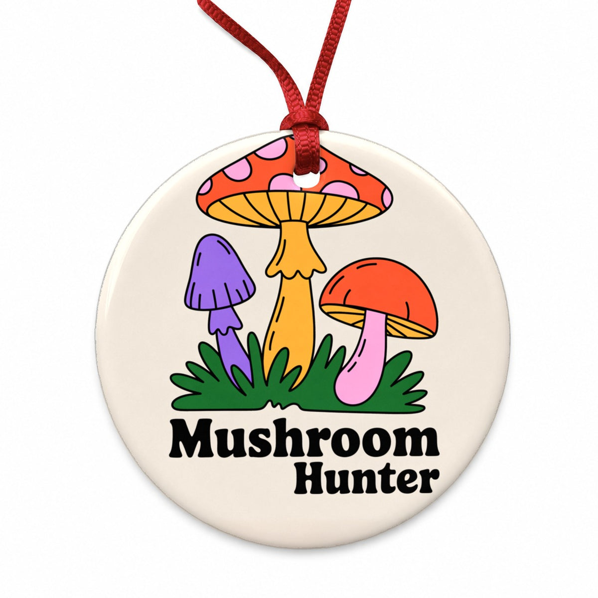 Mushroom Hunter Colorful Woodland Round Ceramic Holiday Christmas Tree Ornament
