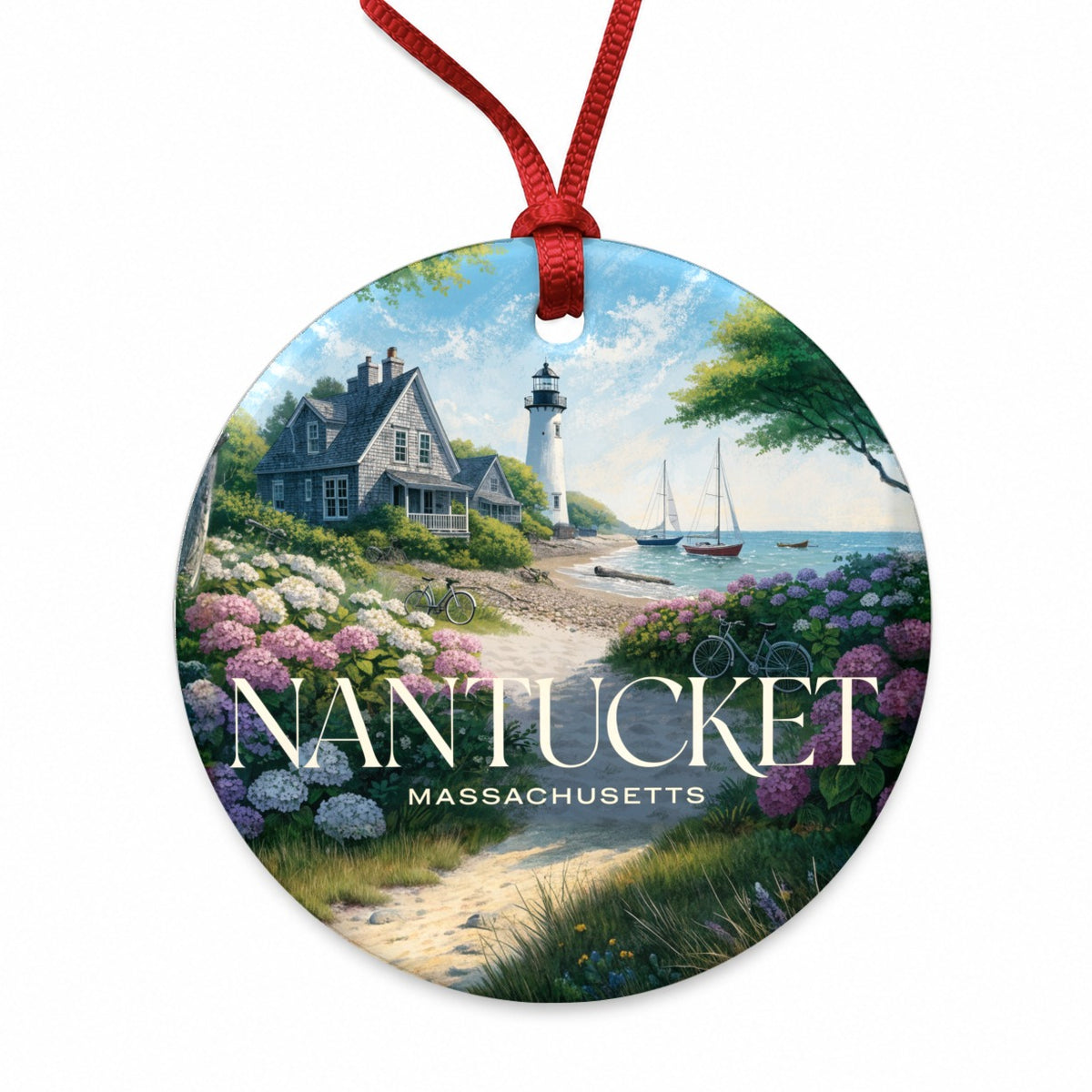 Nantucket Massachusetts Travel Lighthouse Round Ceramic Holiday Christmas Tree Ornament