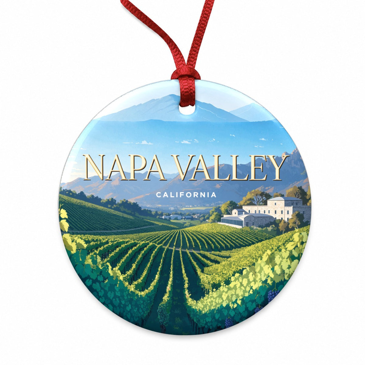 Napa Valley California Travel Grape Vines Wine Round Ceramic Holiday Christmas Tree Ornament