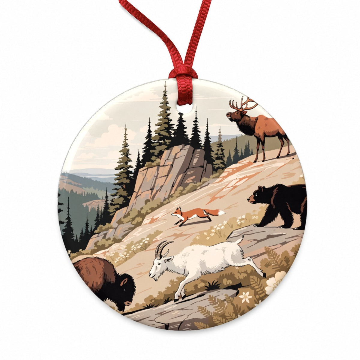 National Park Animals Bear Elk Fox Bison Round Ceramic Holiday Christmas Tree Ornament