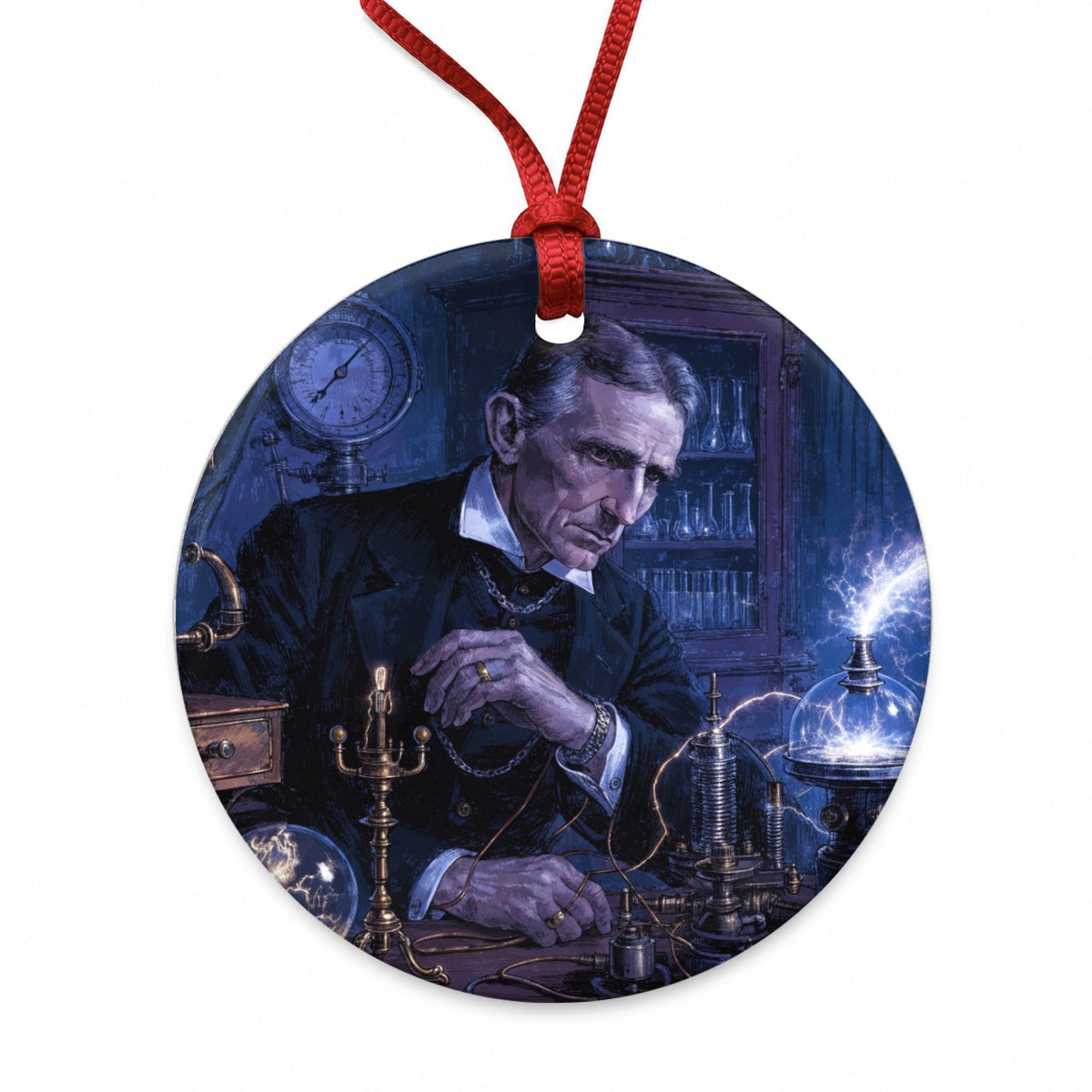 Nikola Tesla Inventor Round Ceramic Holiday Christmas Tree Ornament