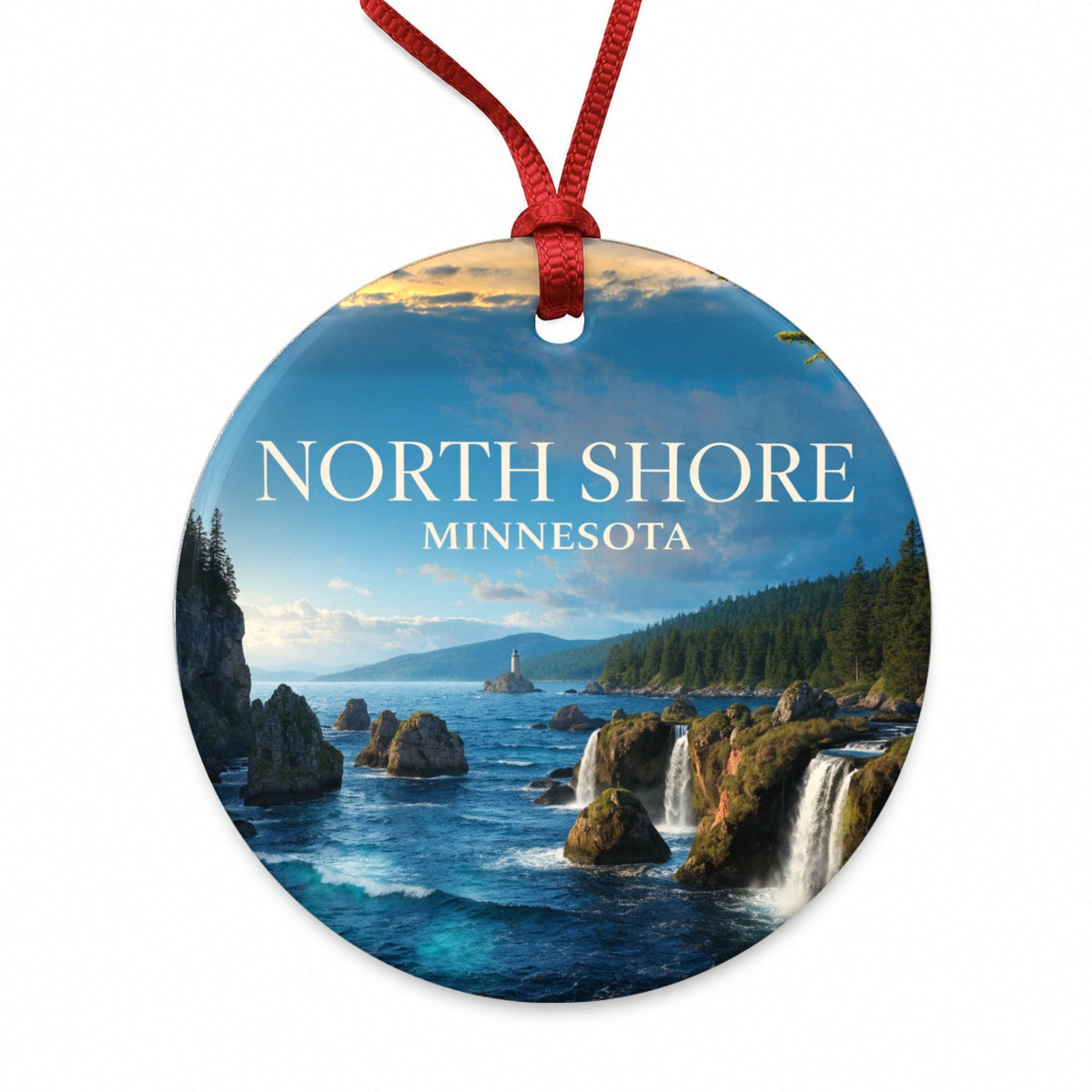 North Shore Minnesota Travel Round Ceramic Holiday Christmas Tree Ornament