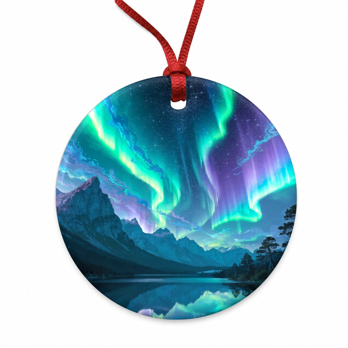 Northern Lights Mountain Lake Round Ceramic Holiday Christmas Tree Ornament