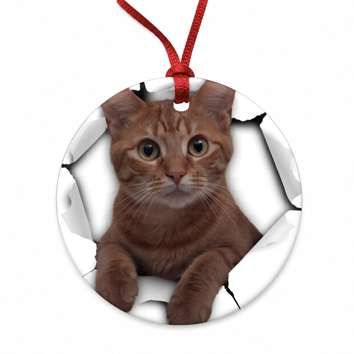 Orange Cat Breakout Round Ceramic Holiday Christmas Tree Ornament