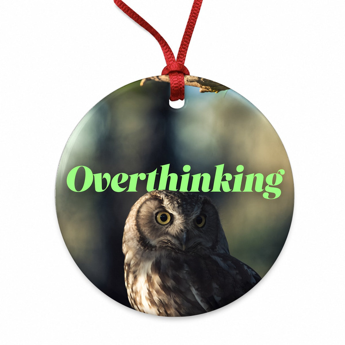 Overthinking Owl Funny Round Ceramic Holiday Christmas Tree Ornament