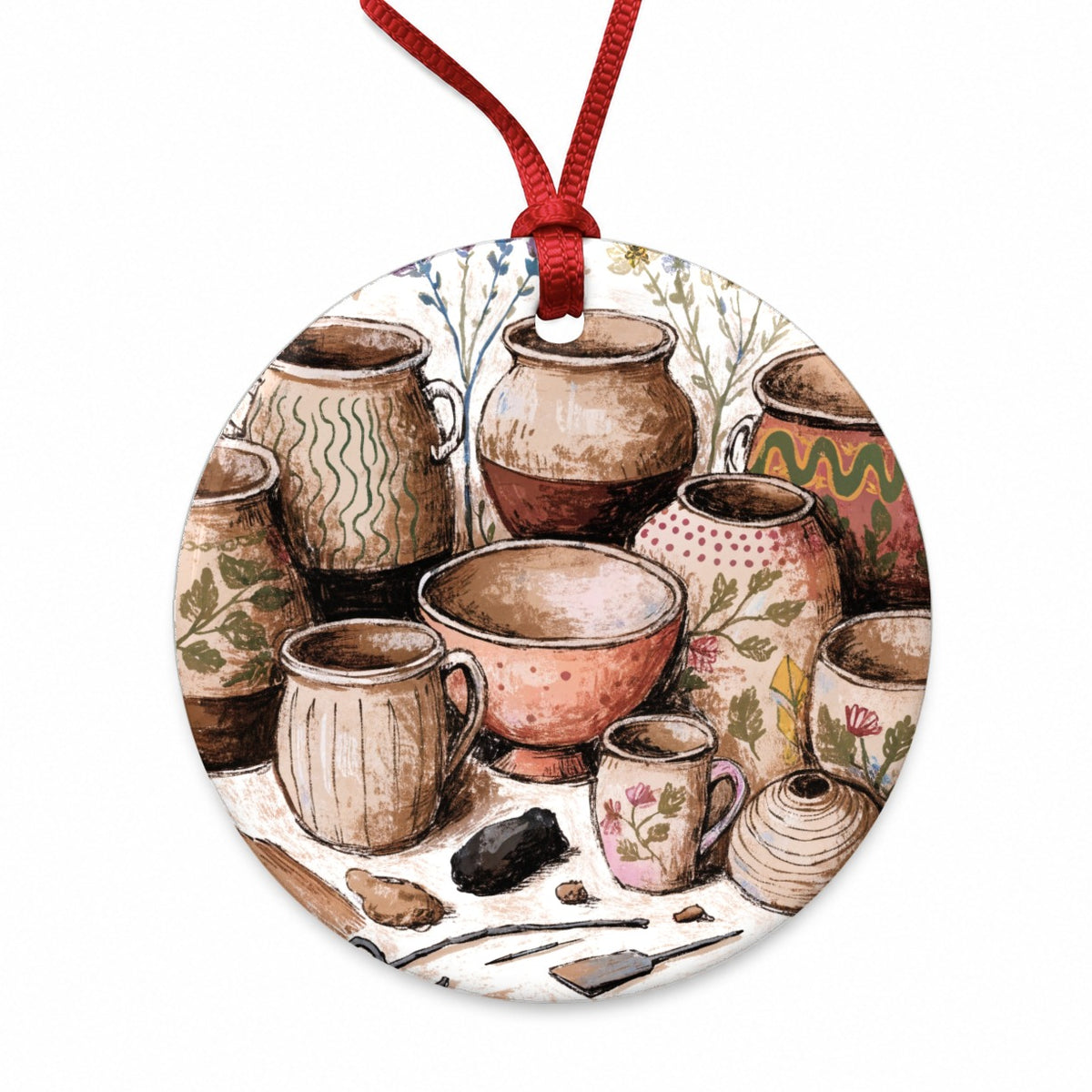 Pottery Ceramics Floral Round Ceramic Holiday Christmas Tree Ornament
