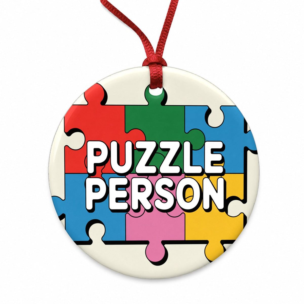 Puzzle Person Colorful Round Ceramic Holiday Christmas Tree Ornament