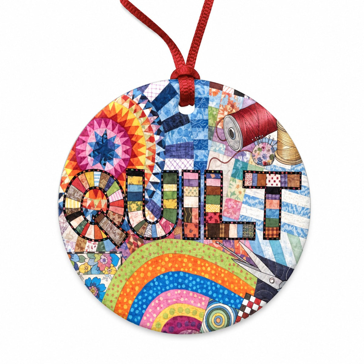Quilt Quilting Quilter Sewing Colorful Round Ceramic Holiday Christmas Tree Ornament