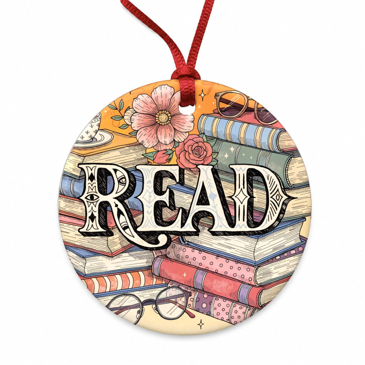 Read Stack Of Books Reading Round Ceramic Holiday Christmas Tree Ornament