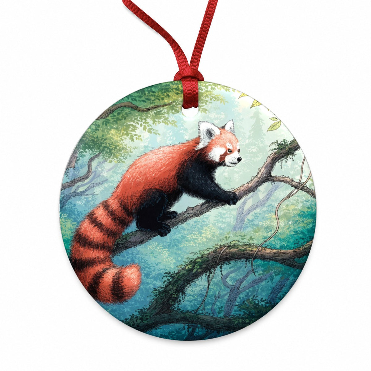 Red Panda Forest Round Ceramic Holiday Christmas Tree Ornament