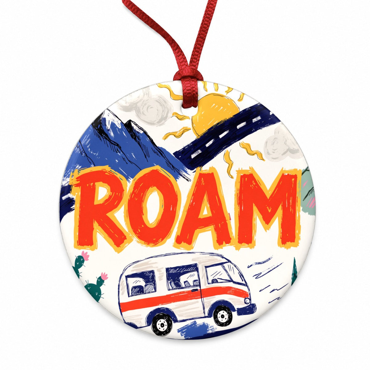 Roam Retro Camper Round Ceramic Holiday Christmas Tree Ornament