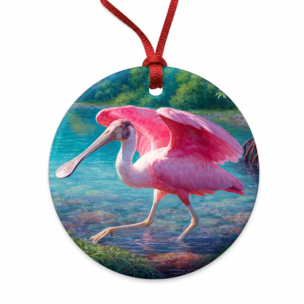 Roseate Spoonbill Wetlands Round Ceramic Holiday Christmas Tree Ornament