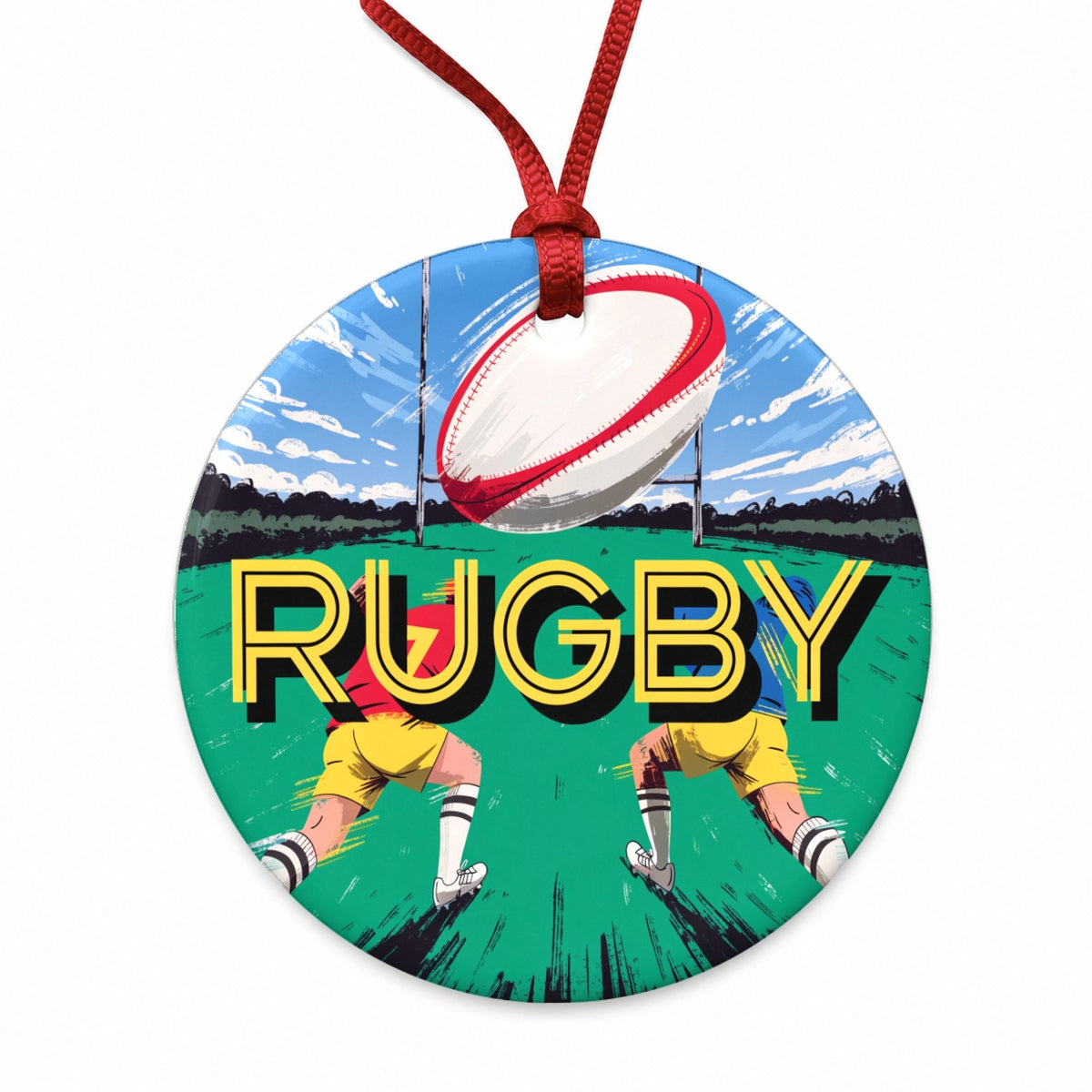 Rugby Ball Sports Round Ceramic Holiday Christmas Tree Ornament
